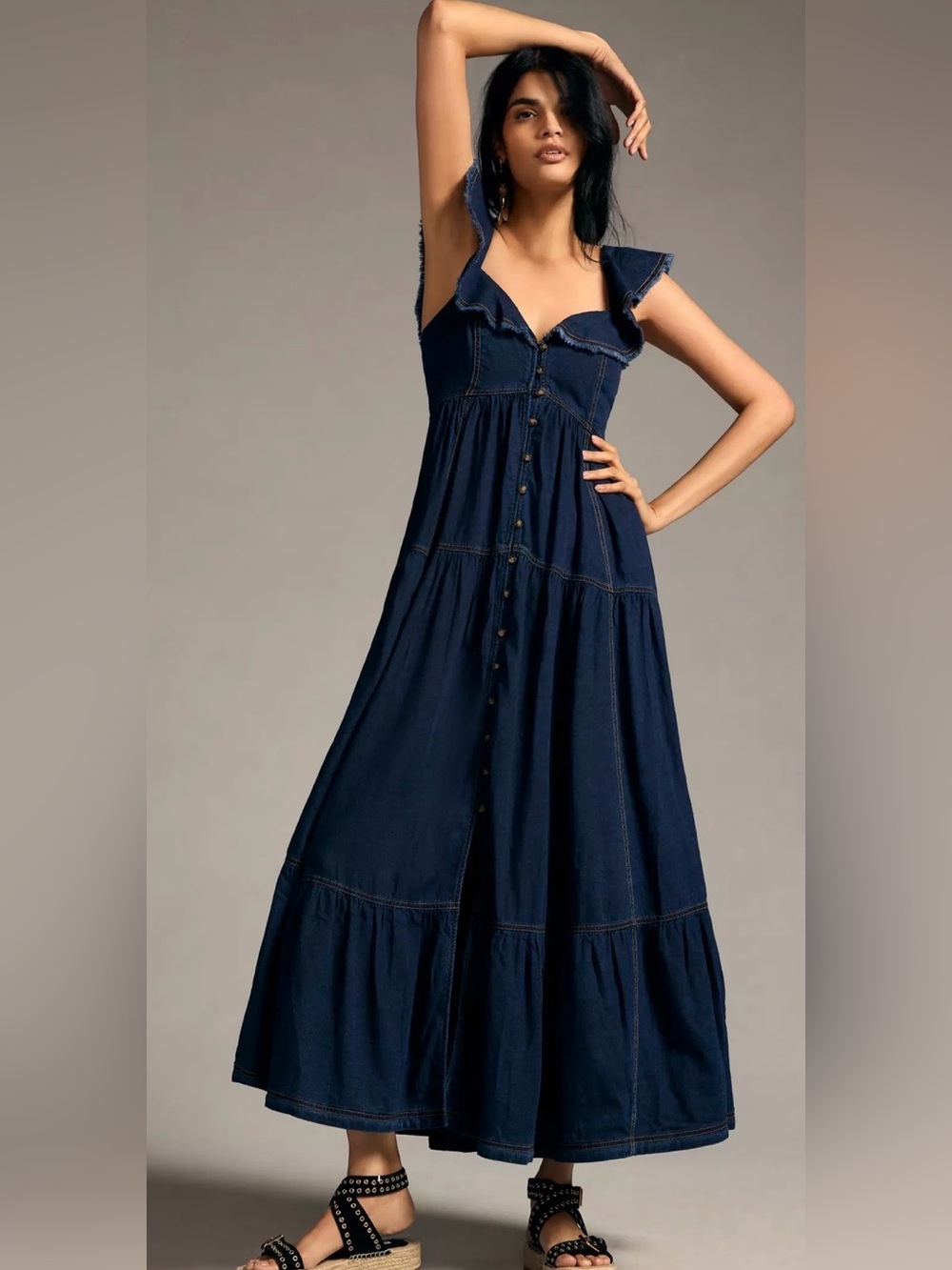 Anthropologie Pilcro Sweetheart Flutter-Sleeve Denim Buttondown Maxi Dress - Picture 9 of 13